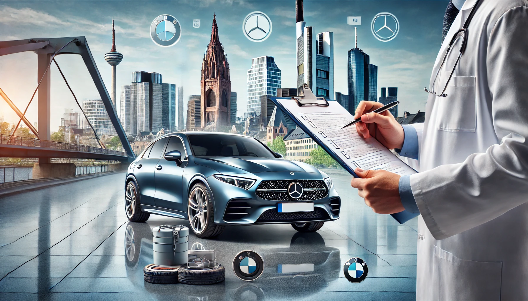 Fahrzeugbewertung beim Autoankauf in Frankfurt – Ein Experte prüft ein Fahrzeug mit einer Checkliste vor der Skyline von Frankfurt am Main. Transparente und faire Bewertung für den sicheren Autoverkauf.
